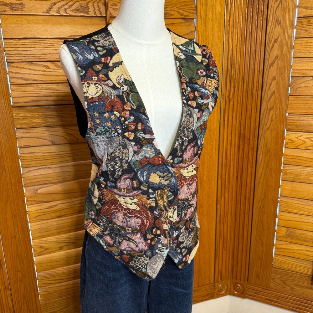 Vintage Pasta Halloween Witch Tapestry Vest Womens Large Made in USA Black Back